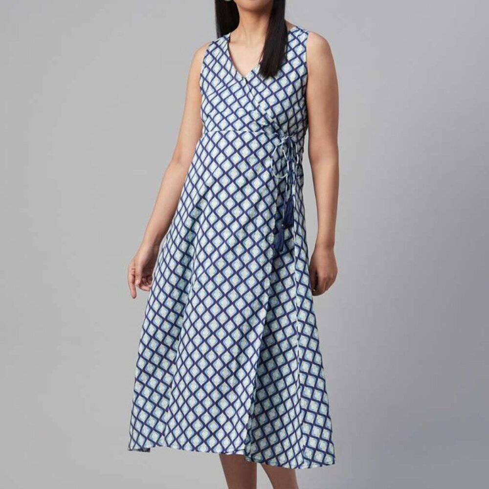 Anayna | Blue and Green Wrap Style Midi Dress Size Medium Maternity